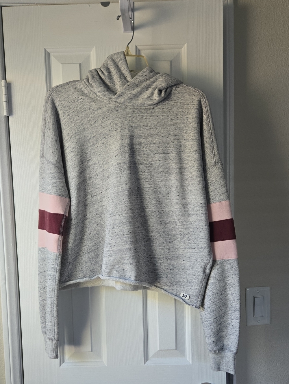 Abercrombie & Fitch Gray Hoodie w/ Pink & Burgundy Sleeve Stripes- Med